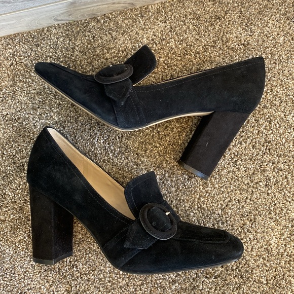 Marc Fisher suede black buckled heeled loafer Heel Platform Gucci 8.5 - Picture 3 of 10